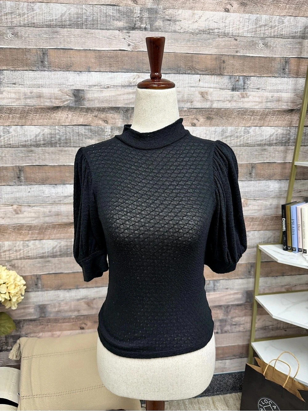 Free People Black Puff Sleeve Eyelet Mesh Top XS